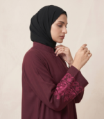 Maroon Floral Embroidery Front-Open Abaya