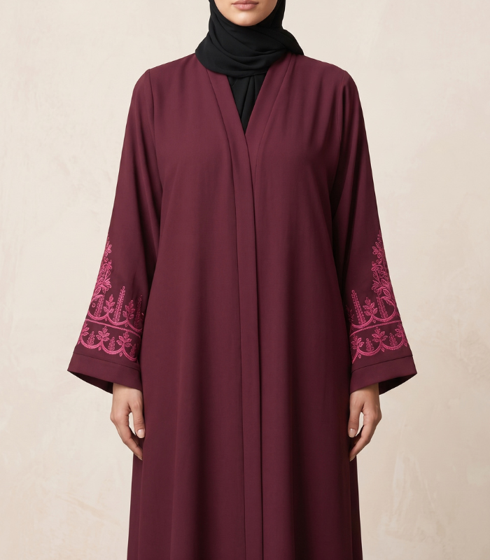 Maroon Floral Embroidery Front-Open Abaya