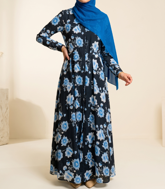 Blue Floral Chiffon Button-Down Abaya